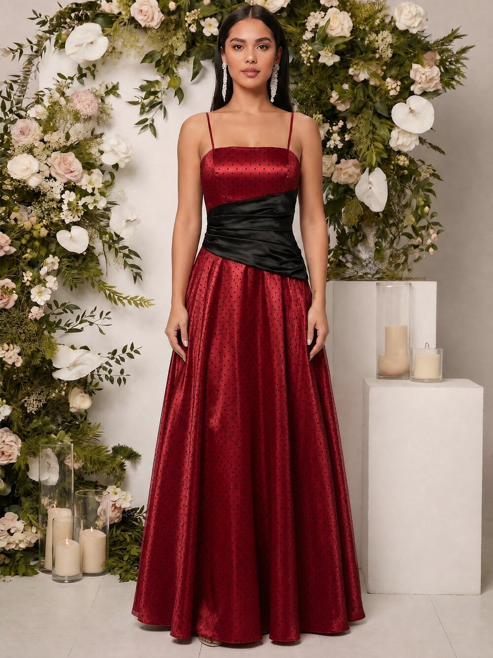 Masquerade Prom Ball Gown Dress Junior Size 3 Women Red Black Swiss Dot Retro
